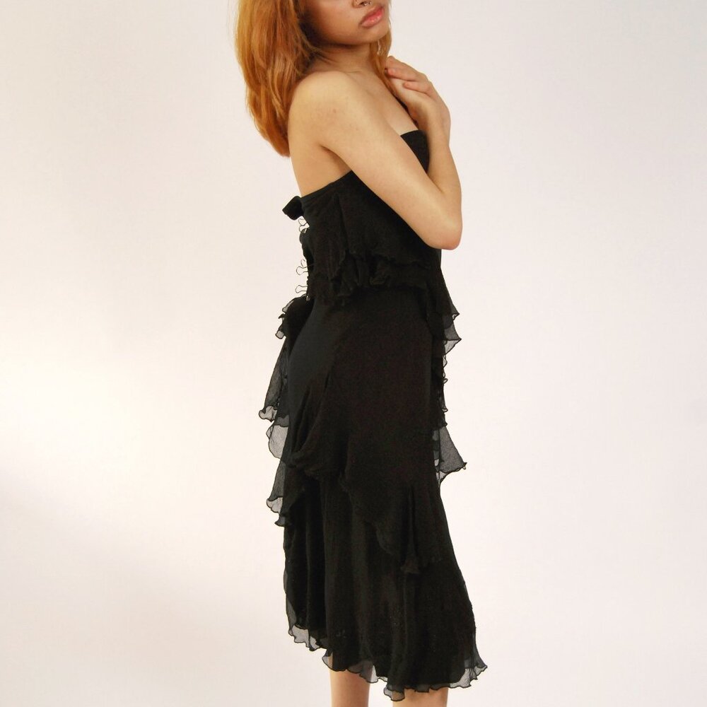 Frilly Silk Dress (S) vintage y2k black sequin ruffle small embroidered crepe - Picture 2 of 8